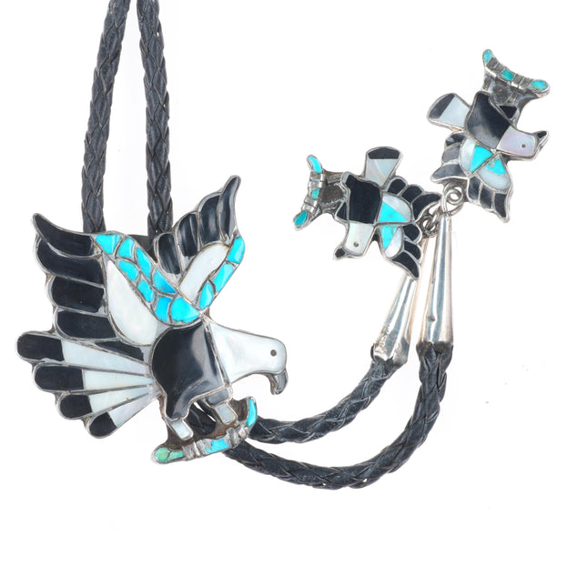 c1960 c-31 vintage Zuni sterling silver eagle bolo tie with fancy dangle tips