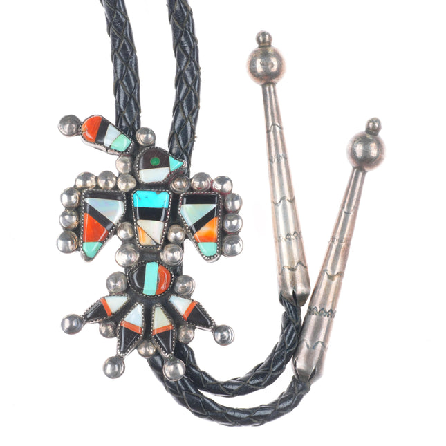c1950 Vintage Zuni sterling silver channel inlay thunderbird bolo tie fancy tips