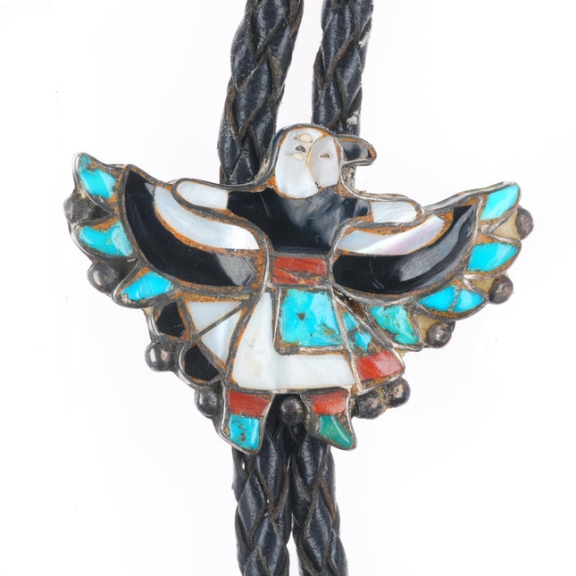 c1950 Vintage Zuni sterling silver channel inlay eagle dancer bolo tie