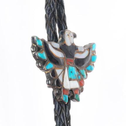 c1950 Vintage Zuni sterling silver channel inlay eagle dancer bolo tie
