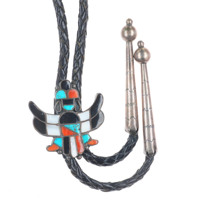 c1950 Vintage Zuni sterling silver channel inlay knifewing bolo tie fancy tips