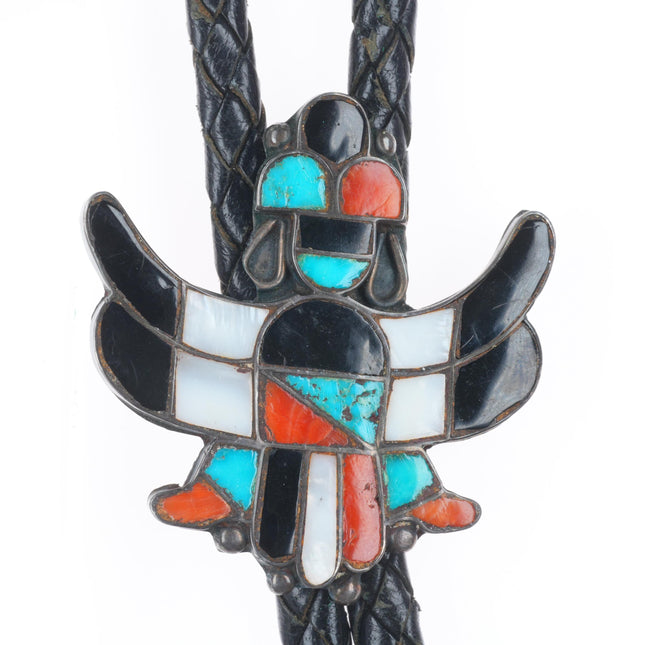 c1950 Vintage Zuni sterling silver channel inlay knifewing bolo tie fancy tips