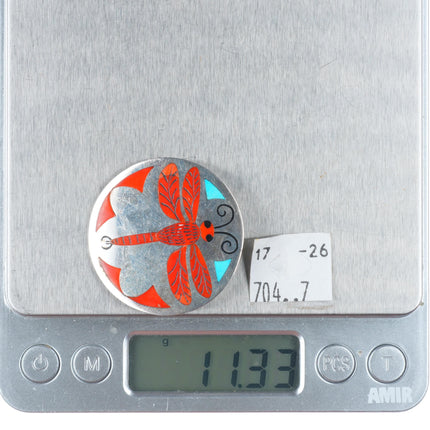 Rudell & Nancy Laconsello Zuni sterling silver coral dragonfly inlay pin/pendant