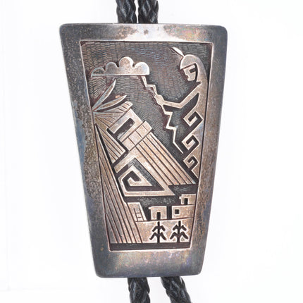 vintage Eddie Scott Jr Hopi overlay kachina face sterling silver bolo tie