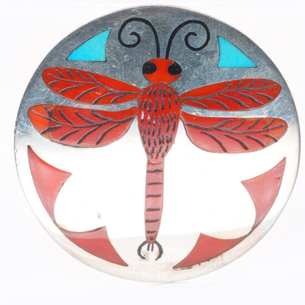 Rudell & Nancy Laconsello Zuni sterling silver coral dragonfly inlay pin/pendant