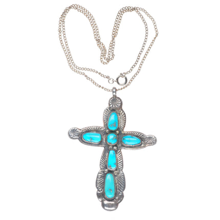 Big vintage Horace Iule Zuni filed/cast sterling silver turquoise cross pendant