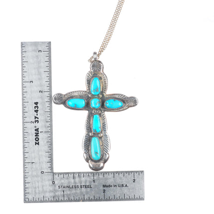 Big vintage Horace Iule Zuni filed/cast sterling silver turquoise cross pendant