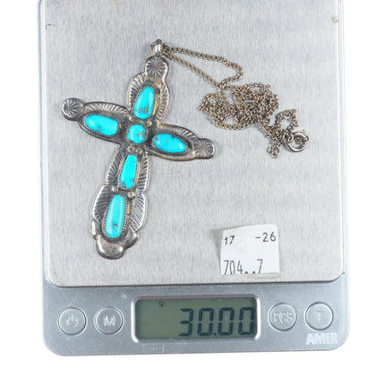 Big vintage Horace Iule Zuni filed/cast sterling silver turquoise cross pendant
