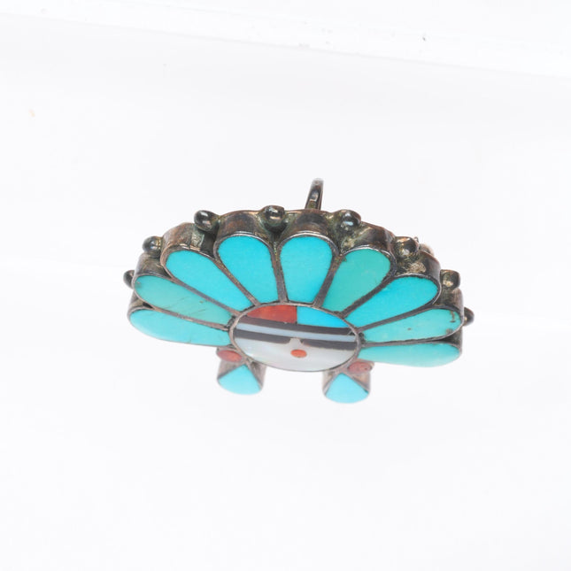 Vintage Zuni sterling silver turquoise/coral inlay chief pendant pin/brooch