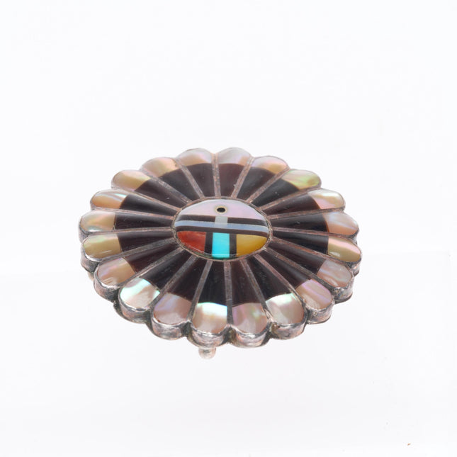 Vintage Niiha Zuni sterling silver shell, turquoise, coral sunface pin/pendant