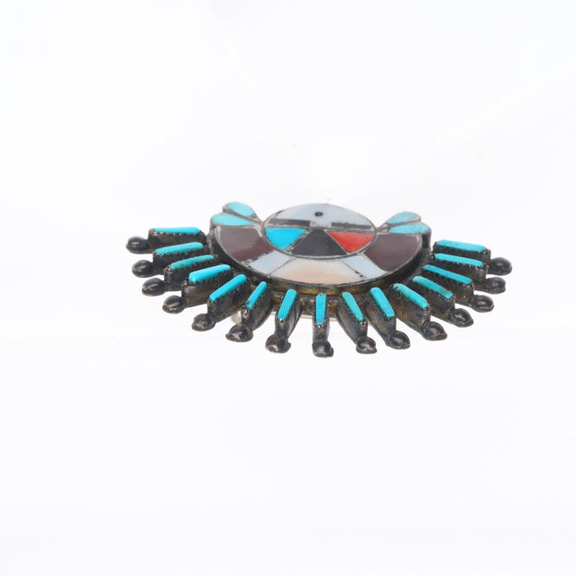 Vintage Zuni sterling silver needlepoint turquoise coral sunface pin/brooch