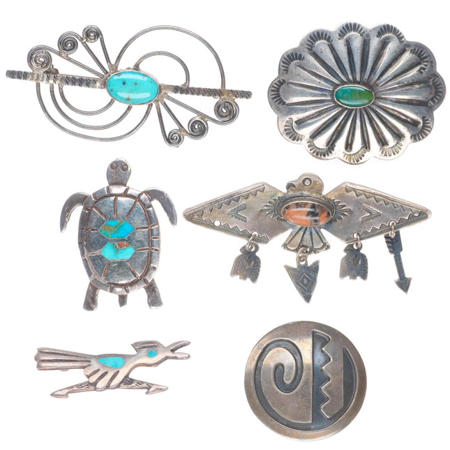 Vintage 40's-50's Navajo sterling silver/turquoise/petrified wood pin/brooch lot