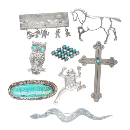 Vintage Navajo sterling silver turquoise figural/cross brooch/pin lot collection