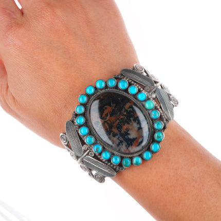 6.6" 1940's Navajo dragonfly turquoise satellite petrified wood cuff bracelet