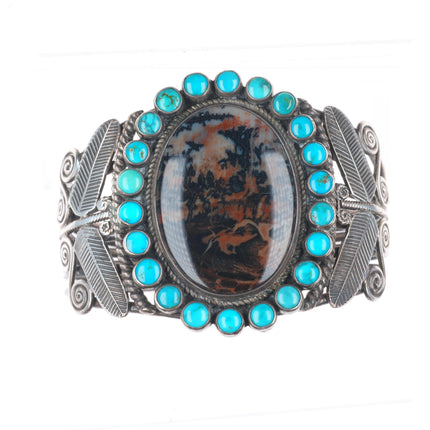 6.6" 1940's Navajo dragonfly turquoise satellite petrified wood cuff bracelet