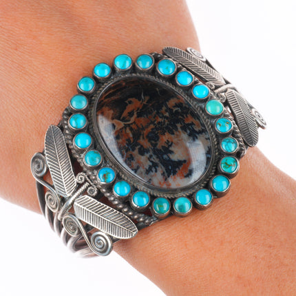 6.6" 1940's Navajo dragonfly turquoise satellite petrified wood cuff bracelet