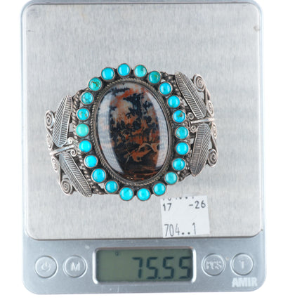 6.6" 1940's Navajo dragonfly turquoise satellite petrified wood cuff bracelet