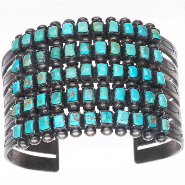 7" 1940's Zuni 5 stack square cut turquoise row sterling silver cuff bracelet