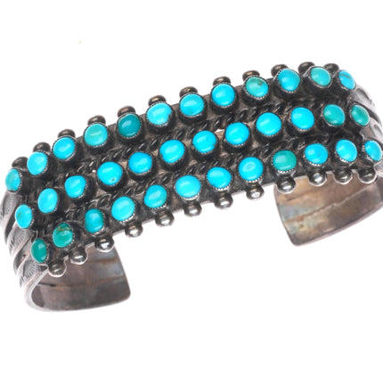 6.3" c1940 Zuni sterling silver feather stamp snake eye turquoise cuff bracelet