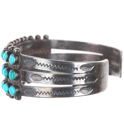 6.3" c1940 Zuni sterling silver feather stamp snake eye turquoise cuff bracelet