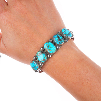 6.3" c1940 Navajo high grade turquoise row cuff bracelet sterling silver