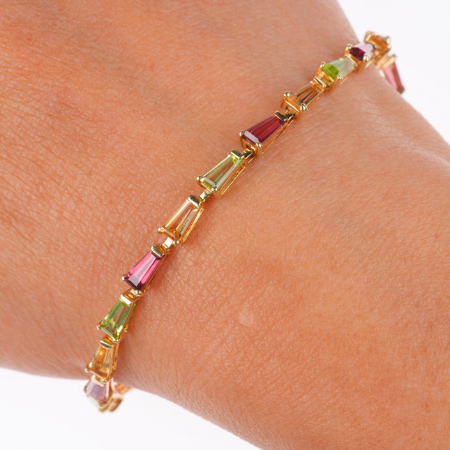 7" 14k gold gold multi-color rainbow Tourmaline gemstone link bracelet