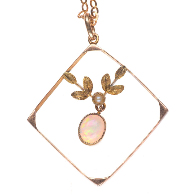 Antique 9 ct 9k gold opal/seed pearl pendant/necklace