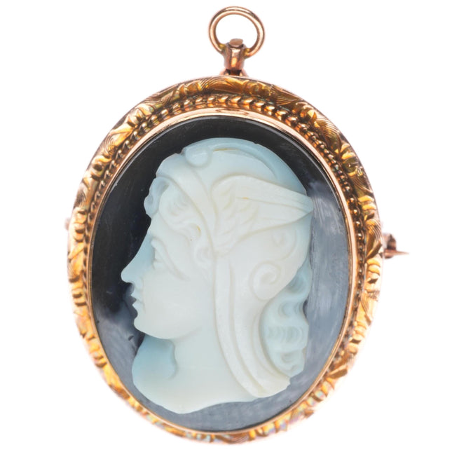 Antique 14k yellow gold hardstone cameo onyx Hermes/Mercury pendant/pin brooch