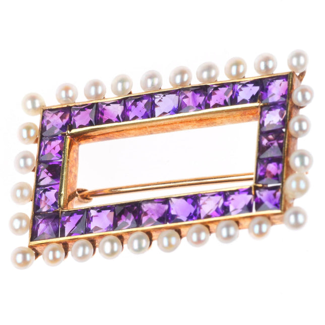 Antique 14k yellow gold amethyst/pearl pin/brooch