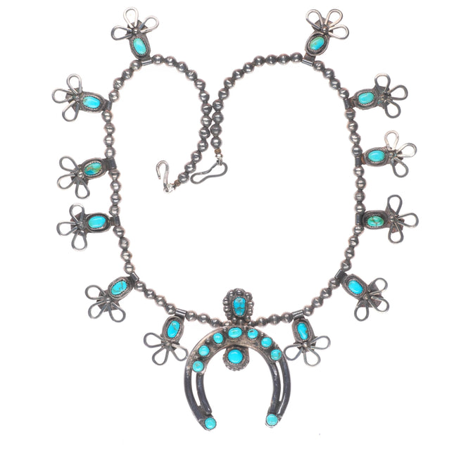c1940 vintage Zuni sterling silver snake eye turquoise squash blossom necklace