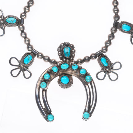 c1940 vintage Zuni sterling silver snake eye turquoise squash blossom necklace