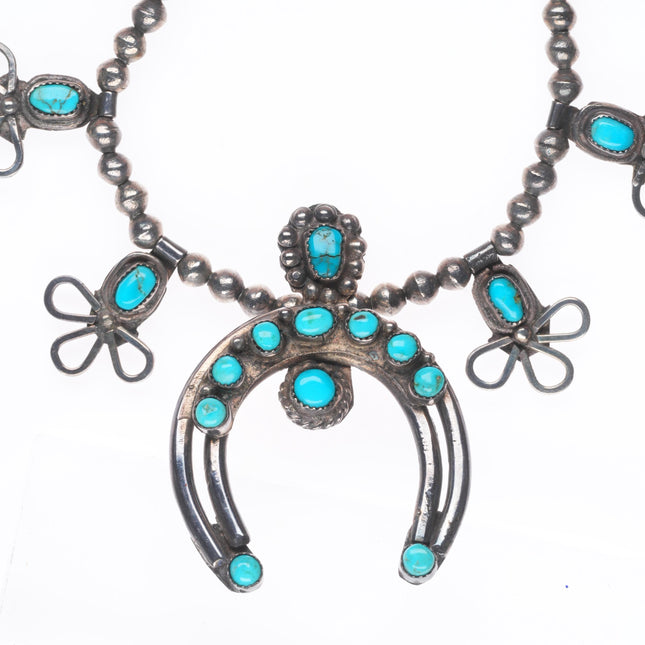 c1940 vintage Zuni sterling silver snake eye turquoise squash blossom necklace
