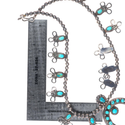 c1940 vintage Zuni sterling silver snake eye turquoise squash blossom necklace