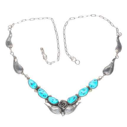 vintage Bahe Navajo sterling silver Kingman turquoise feather/blossom necklace