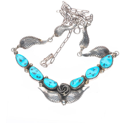 vintage Bahe Navajo sterling silver Kingman turquoise feather/blossom necklace