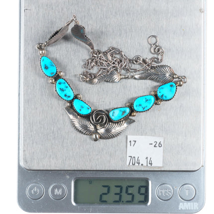 vintage Bahe Navajo sterling silver Kingman turquoise feather/blossom necklace