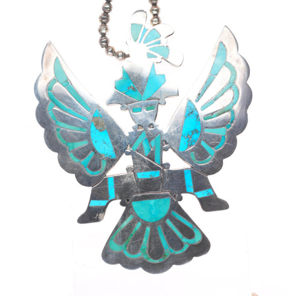 50's-60's Zuni turquoise inlay sterling silver knifewing pendant/beaded necklace