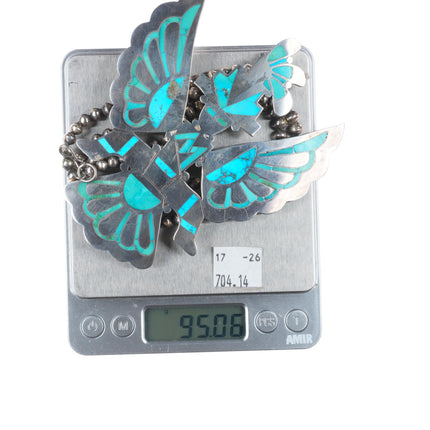 50's-60's Zuni turquoise inlay sterling silver knifewing pendant/beaded necklace