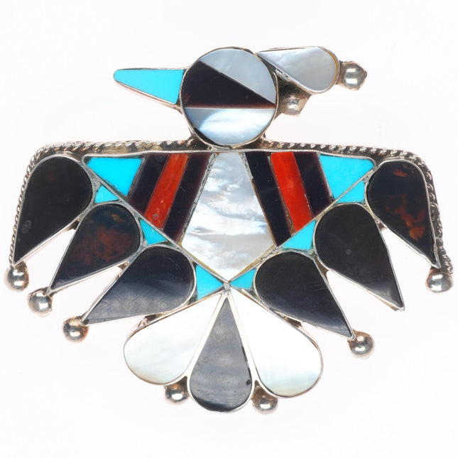 Big vintage Zuni sterling silver, turquoise, jet, shell thunderbird pendant/pin