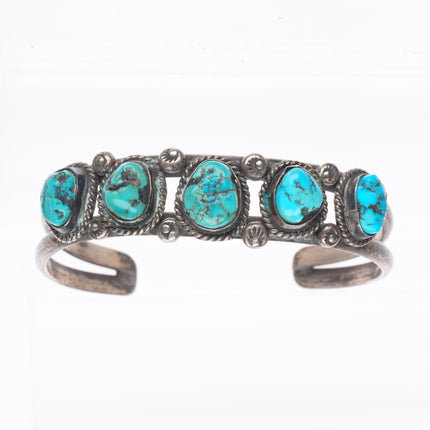 6.3" Vintage Navajo sterling silver rope bezel turquoise row cuff bracelet