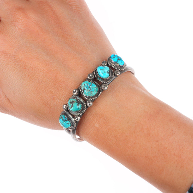 6.3" Vintage Navajo sterling silver rope bezel turquoise row cuff bracelet