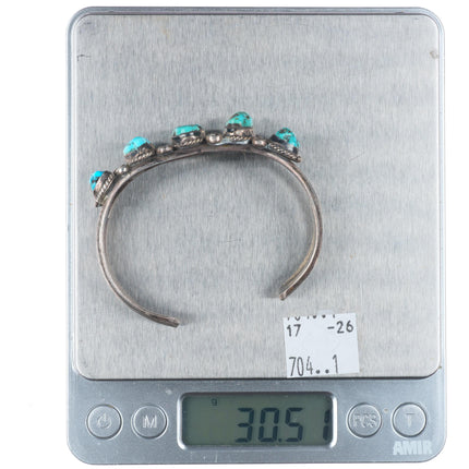 6.3" Vintage Navajo sterling silver rope bezel turquoise row cuff bracelet