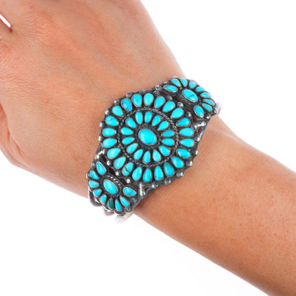 6.8" 1940's Zuni natural turquoise cluster sterling silver cuff bracelet