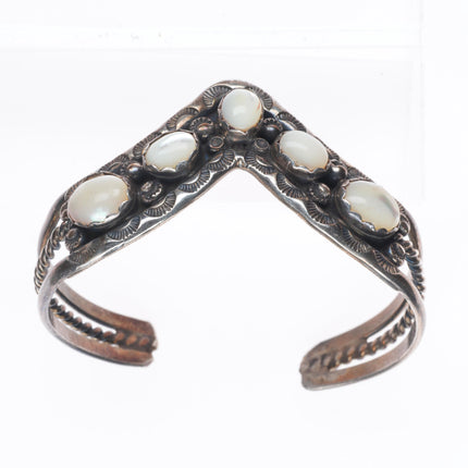 6.1" Vintage Navajo sterling silver mother of pearl triangular row cuff bracelet