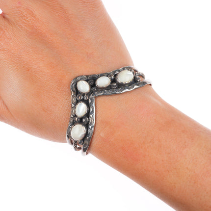6.1" Vintage Navajo sterling silver mother of pearl triangular row cuff bracelet