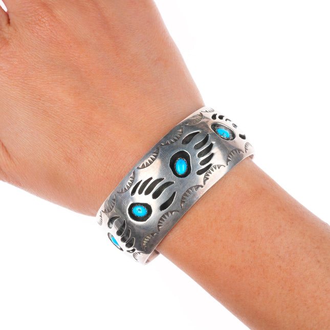6.75" Spencer Navajo sterling silver bear paw shadowbox turquoise cuff bracelet