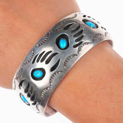 6.75" Spencer Navajo sterling silver bear paw shadowbox turquoise cuff bracelet
