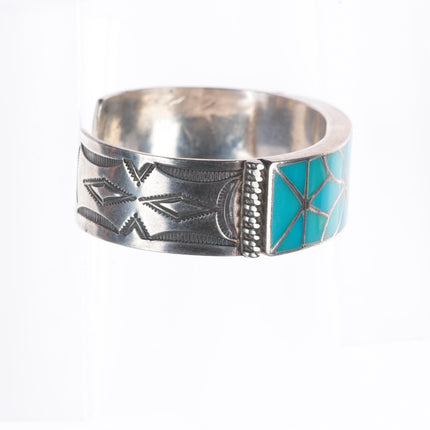 6.1" c1940 Zuni Gem Silica sterling silver channel inlay stamped cuff bracelet