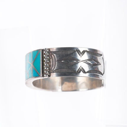 6.1" c1940 Zuni Gem Silica sterling silver channel inlay stamped cuff bracelet