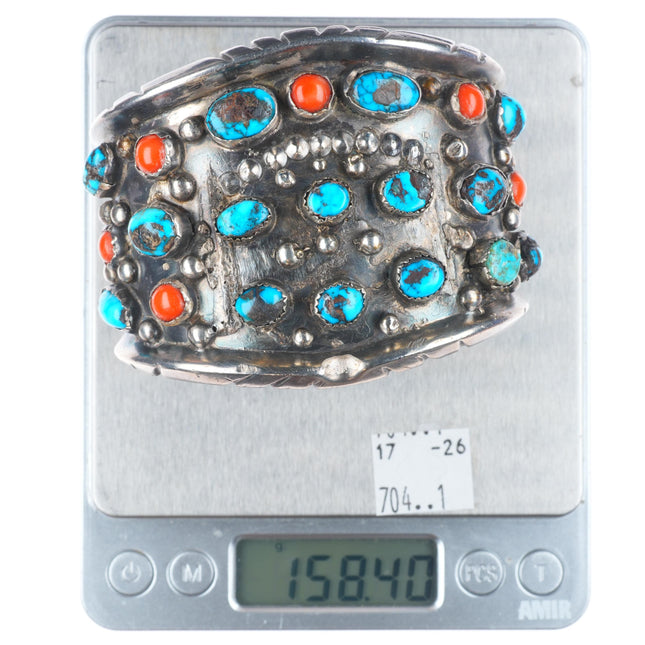7.6" Heavy vintage Navajo sterling silver turquoise and coral cuff bracelet